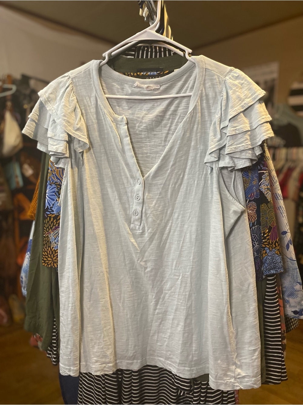 Jane and Delancey Light Blue Ruffle-Sleeve Henley Top
